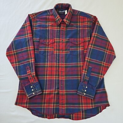 Vintage 90s Wrangler Canvas Pearl Snap Plaid Western Shirt Men's 17.5-36 XL