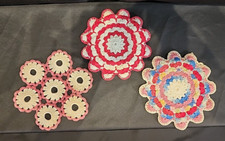Vintage Hand Crochet Multi Color Cup Drink Coasters Doilies  Lot of 3