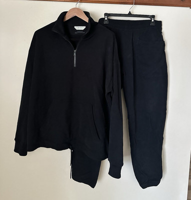 Ermenegildo Zegna  Men s Black 2pc Sweatsuit Set Half-Zip Mock Neck Pockets L