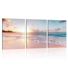 3 Pieces Pink Beach Canvas Wall Art Coastal Sunset Landscape Pictures Print M...