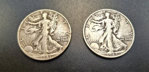 Lot Of 2 Walking Liberty Half Dollars, 1941S and 1942S