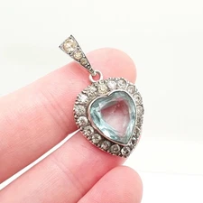 Antique Victorian Solid Silver Heart Pendant Aquamarine Paste Necklace Puffer