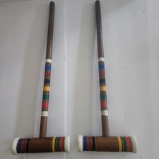 Vintage Wooden Croquet Mallets Pair - Replacement Lawn Game Parts - Striped Wood