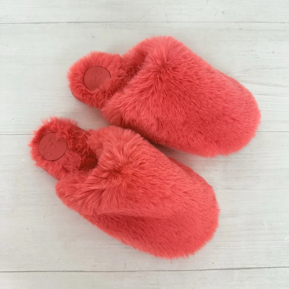 Anthropologie Sadie Fuzzy Faux Fur Slippers Size S/M (Fits 6-7) Coral Pink Cozy - Image 2 of 4