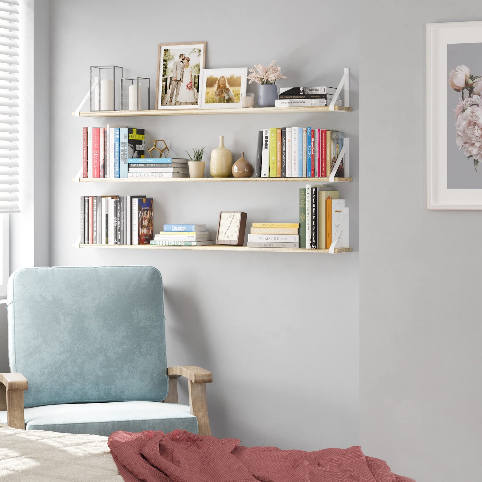 Bora Long Floating Shelves, 48" x 6" Wall Bookshelf Living Room Decor, Rustic...