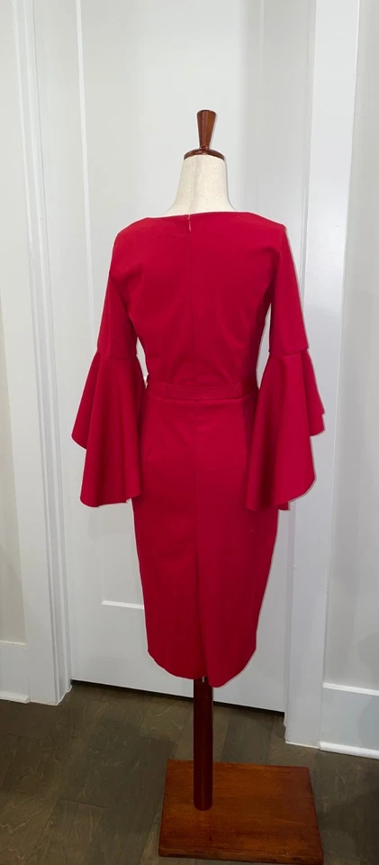 Cinturón Floral Manga Cascada Cuello Redondo Columna Vestido Bufón Rojo Talla 4 Foto 3 de 4