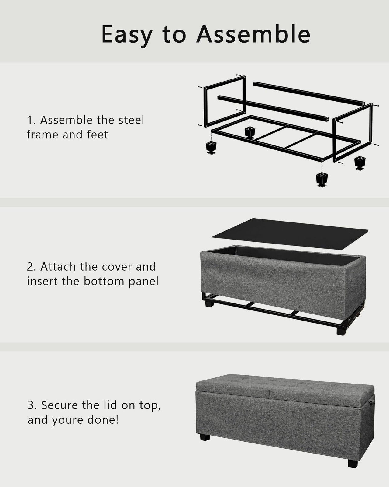 Metal Storage Ottoman Footstool Bench End of Bed Linen Grey 15.7x43x15.7