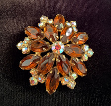 Vintage Amber Aurora Borealis Rhinestone Starburst Brooch Gold Tone Flower Pin
