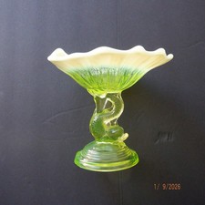 Antique Northwood Koi/Dolphin Footed Compote Uranium Vaseline Glass Opalescent