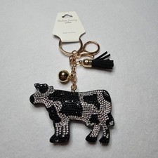 Moo Cow Large Rhinestone Covered Puffy Keychain Or Bag Charm W Tassel New