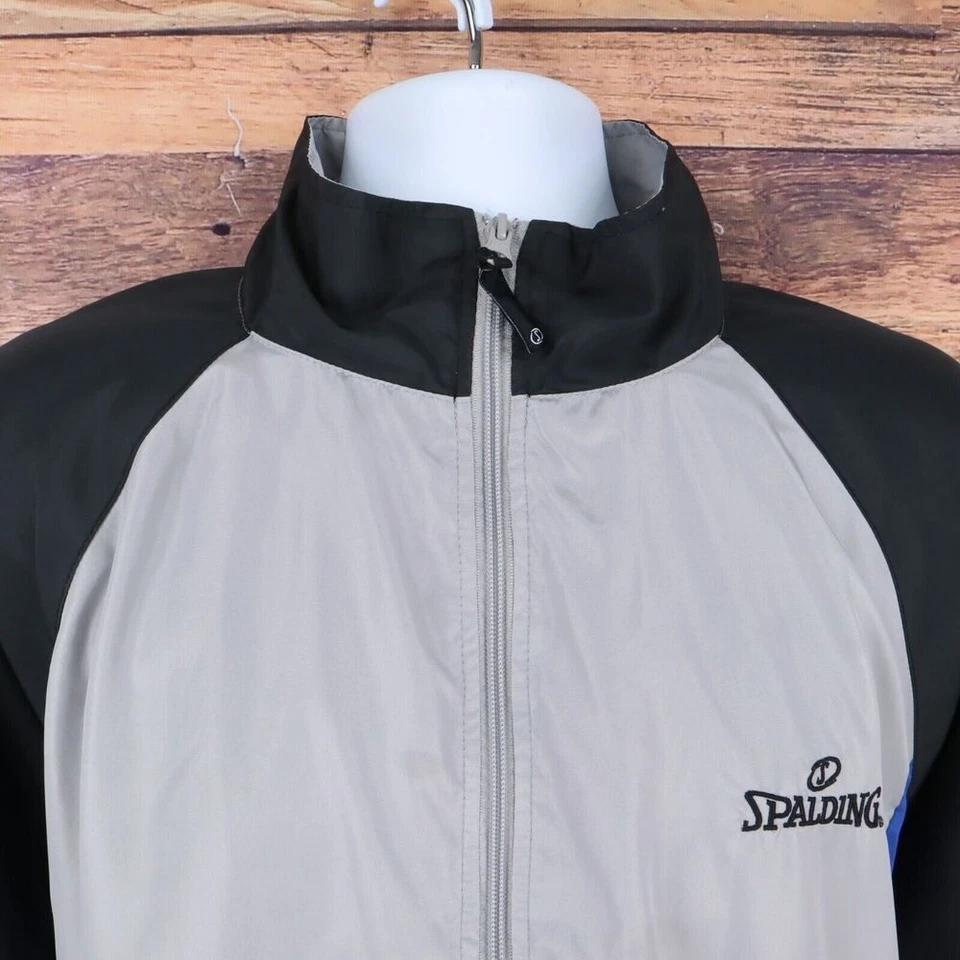 Spalding Windbreaker Jacket Full Zip Mens L Gray Black Blue Pockets Lightweight - Image 4 of 4