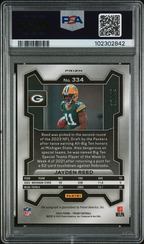 Autografo 2023 Panini Prizm #334 Jayden Reed - Viola Power PSA 9 - Foto 2 di 2