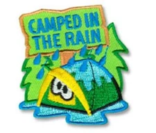 Girl Boy Cub CAMPED IN THE RAIN tent raining Fun Patches Badges SCOUT GUIDE