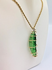 Hawaiian Green Sea Glass Caged Wire Wrapped Pendant Gold Tone Rope Chain