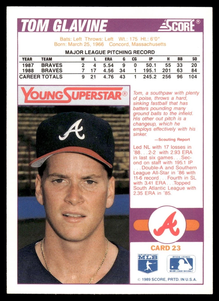 1989 Score - Young Superstars #23 Tom Glavine Braves - Image 2 of 2