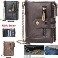 Mens Wallet Genuine Leather RFID Bifold with Chain and Double Zipper Coin Pocket