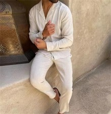 Men Summer Outfit 2-Piece Set Long Sleeve Shirt and Pants Sweatsuit Set