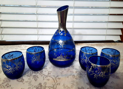 Pauly  C Cobalt Blue Glass Silver Overlay Decanter Set 6 PC WITH STICKER