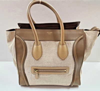 Celine Tricolor Leather Mini Luggage Tote Canvas Cloth Brown
