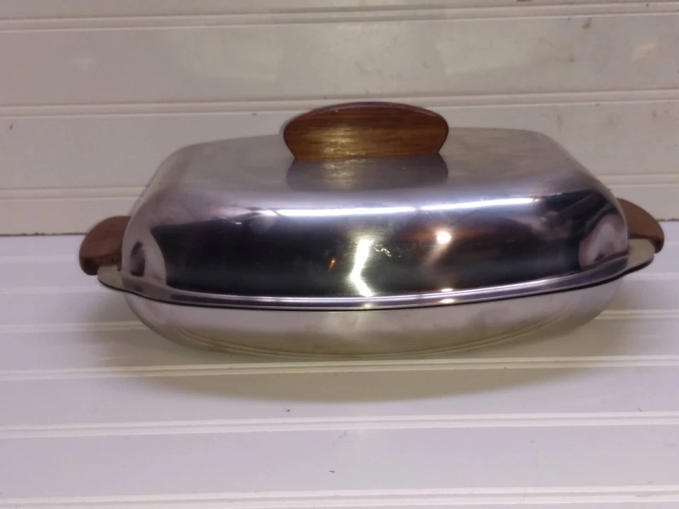 Denmark Danish Stainless Steel Covered Bowl Serving Dish Tray Teak Handle 8x7x1 - Image 2 of 4