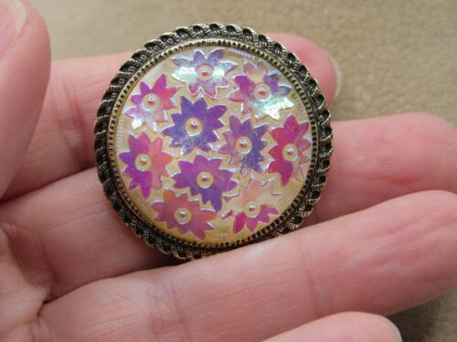 Vintage Western Germany Scarf Clip, Iridescent sequin flowers Gold Tone - Picture 4 of 4