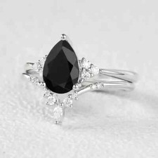Natural Black Onyx Ring Set, 925 Sterling Silver Pear Cut Handmade Wedding Ring