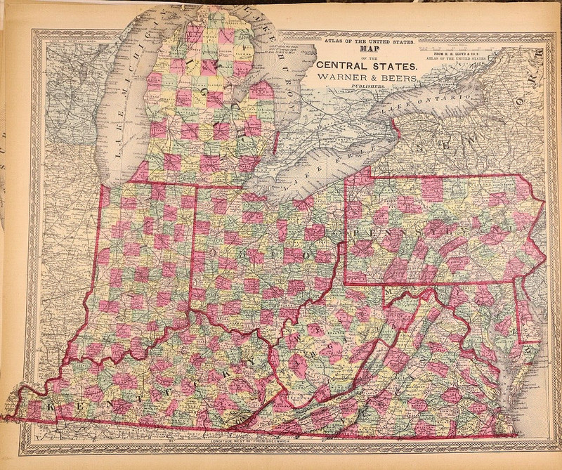 1872 Map ~ CENTRAL STATES, KY WV VA PA MD DE IN OH - H.H. LLOYD MAP (15x17)