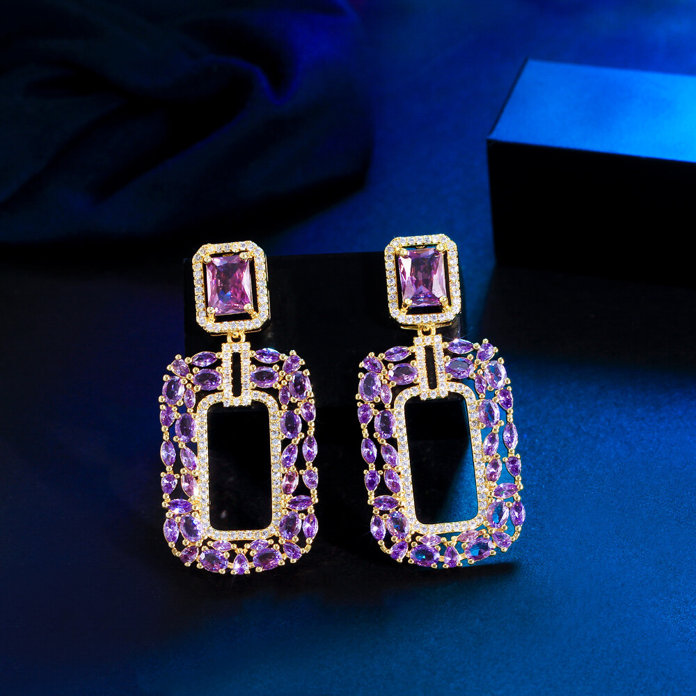 Gold Plated CZ Purple Rectangle Drop Earrings Women Cubic Zirconia Party Jewelry