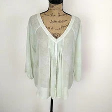 LC Lauren Conrad Womens sz L Top Green Sheer Blouse Button Front V Neck Pleated