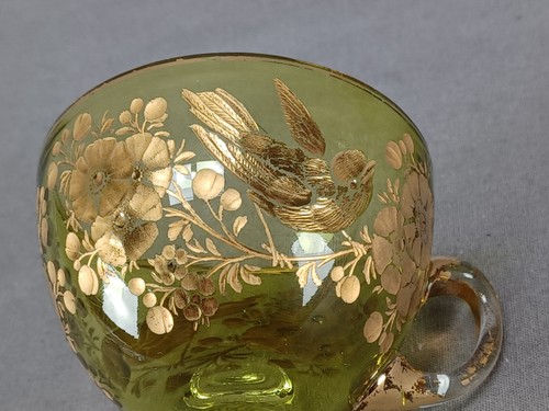 Bohemian Josephinenhutte Intaglio Engraved Gold Birds & Floral Green Footed Cup - Picture 7 of 9