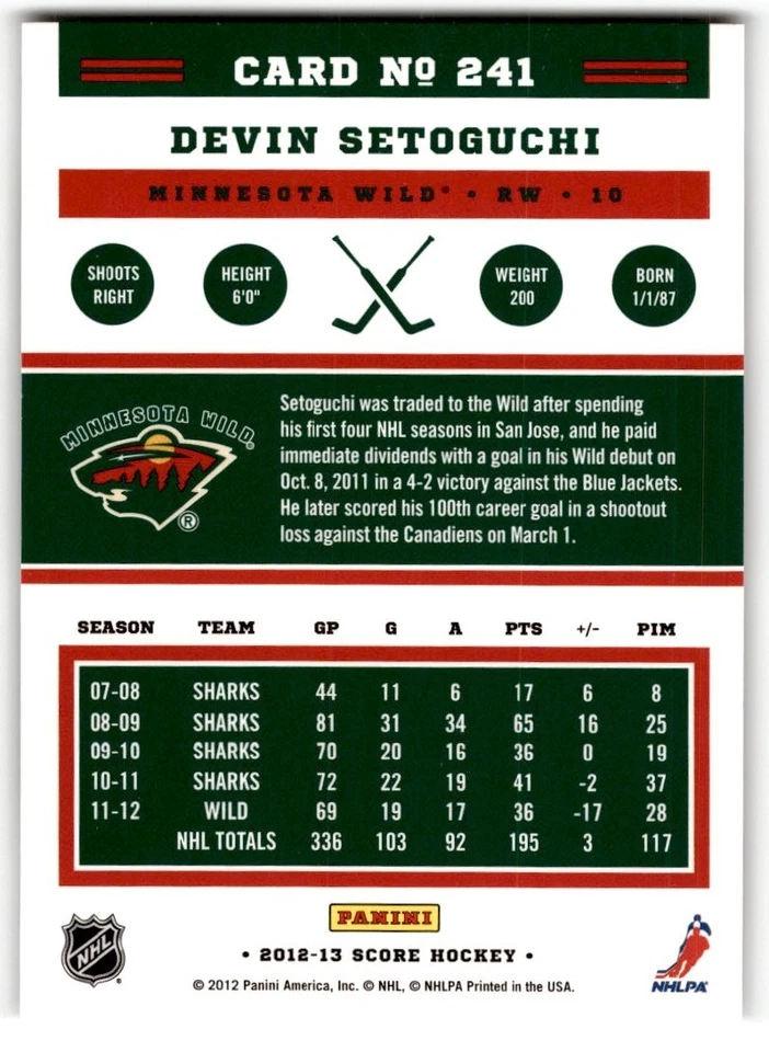 Devin Setoguchi 2012-13 Score Gold Rush #241 Minnesota Wild - Image 2 of 2
