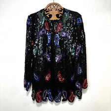 Vintage Scala Cardigan Silk Sequin Evening Jacket Colorful Long Sleeve Clasp 90s