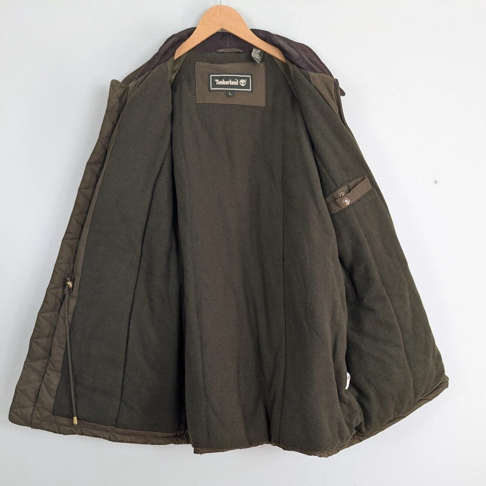 Timberland Barn Jacket L Green Brown Vintage Chore Coat Leather Collar Wool - Image 4 of 4