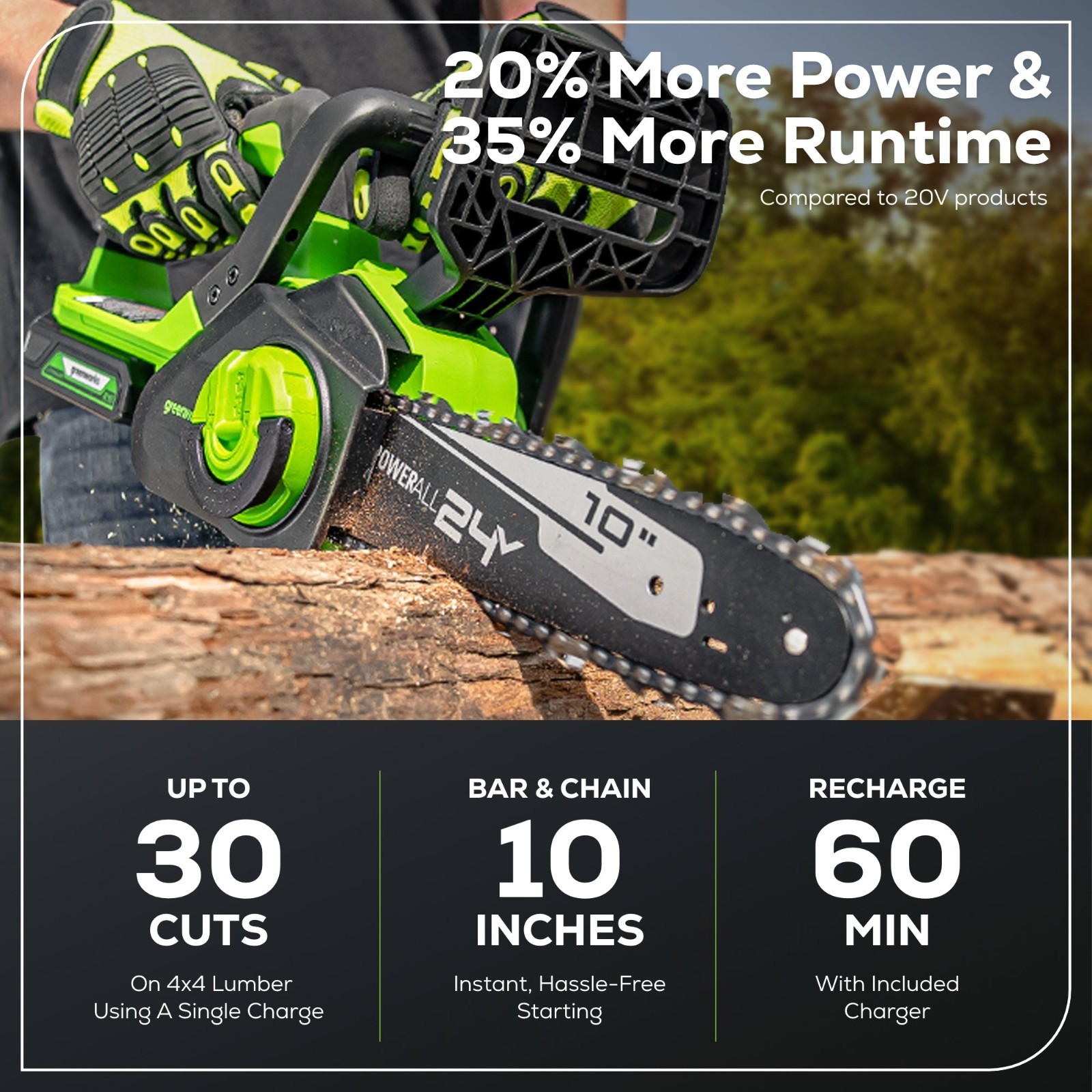 Greenworks 24V 10 inch Bar Cordless Chainsaw with 2Ah Battery and 2A Charger