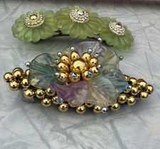 Vintage Hair Clip Lot Of 2 Accessories Colorful Green Flower Power MCM Cute