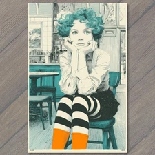 Art Print Orange Wall Green Hair Striped Leggings Whimsical Girl Reading Chair