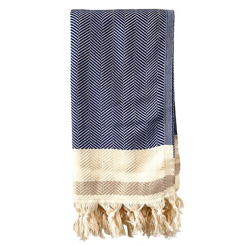 59" X 71" Blue and Beige Cotton Striped Throw Blanket with Tassels - Picture 2 of 7