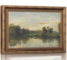 Vintage Gold Framed Landscape Wall Art Vintage River Painting Canvas Prints L...