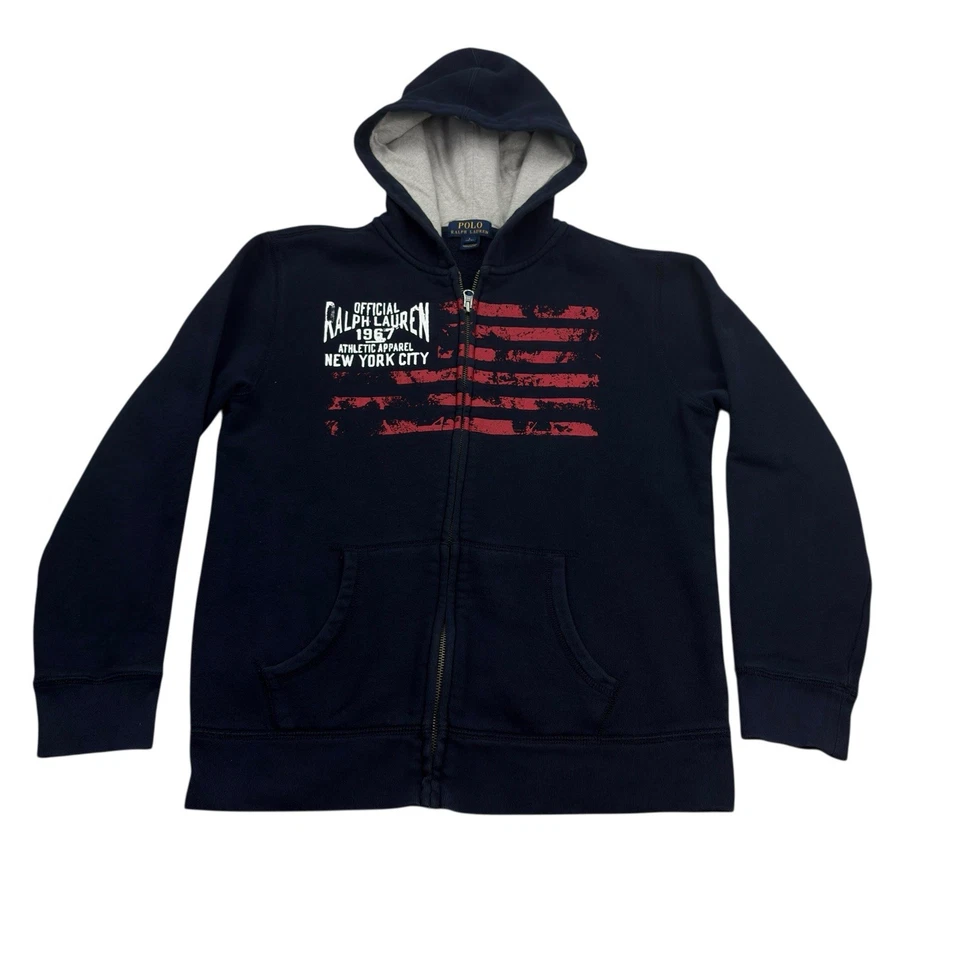 Polo Ralph Lauren Sudadera con Capucha Cremallera Juvenil Talla Grande Azul Marino Rojo Gráfico Bandera Sudadera Foto 2 de 4