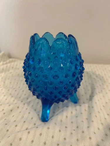 Vintage Fenton Glass - Colonial Cobalt Blue Hobnail 3 Footed Egg Shaped Vase