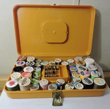 Vintage Wilson Wil-Hold Sewing Box w/ Threads Gold Yellow Spools Thread Bobbins