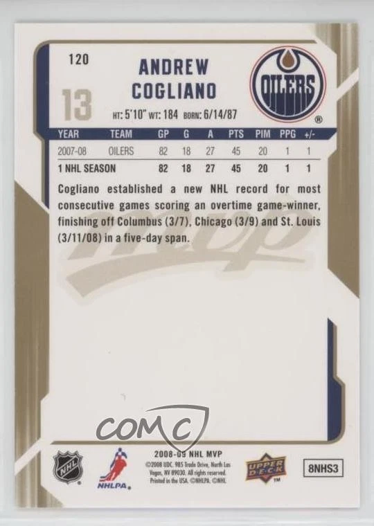 2008-09 Upper Deck MVP Gold Script /100 Andrew Cogliano #120 - Image 2 of 2