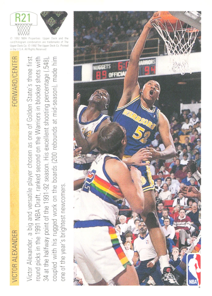 1991-92 Upper Deck - Rookie Standouts Victor Alexander #R21 (RC) Warriors - Image 2 of 2
