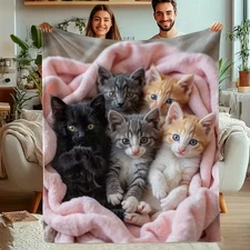 Cat Print Throw Flannel Blanket - Cozy Fantasy Theme 6 Adorable Kittens Blanket