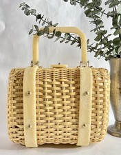1950s 1960s Blonde Coated Wicker Handbag w/Lucite, Vtg 50s 60s Purse, Rockabilly