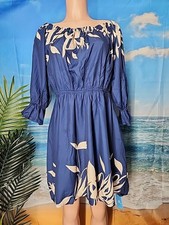 NWT Cupshe Women's  Dress Size Medium Blue Beige Tropical  Leaves