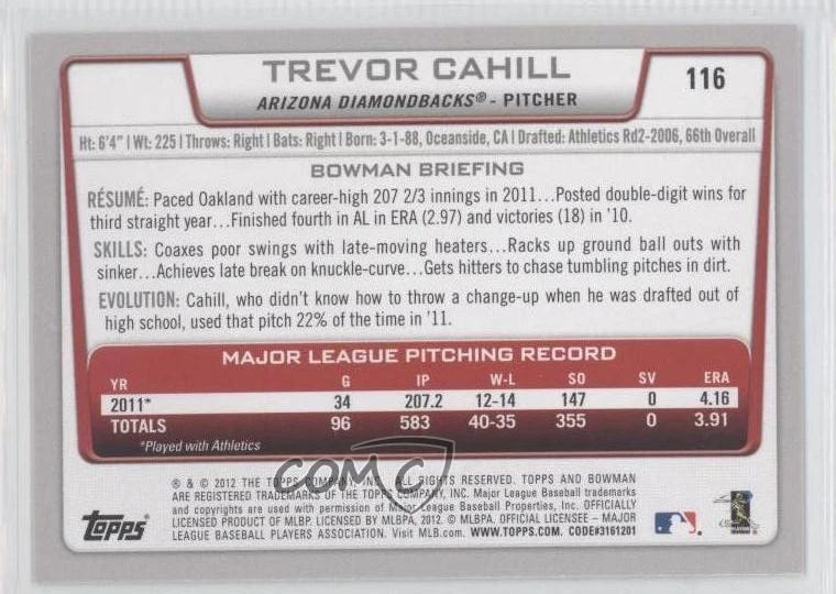 2012 Bowman Silver Ice Trevor Cahill #116 - Image 2 of 2