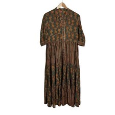 Womens  Medium Boho Tiered Maxi Dress Olive Green Metallic Earthy Boho