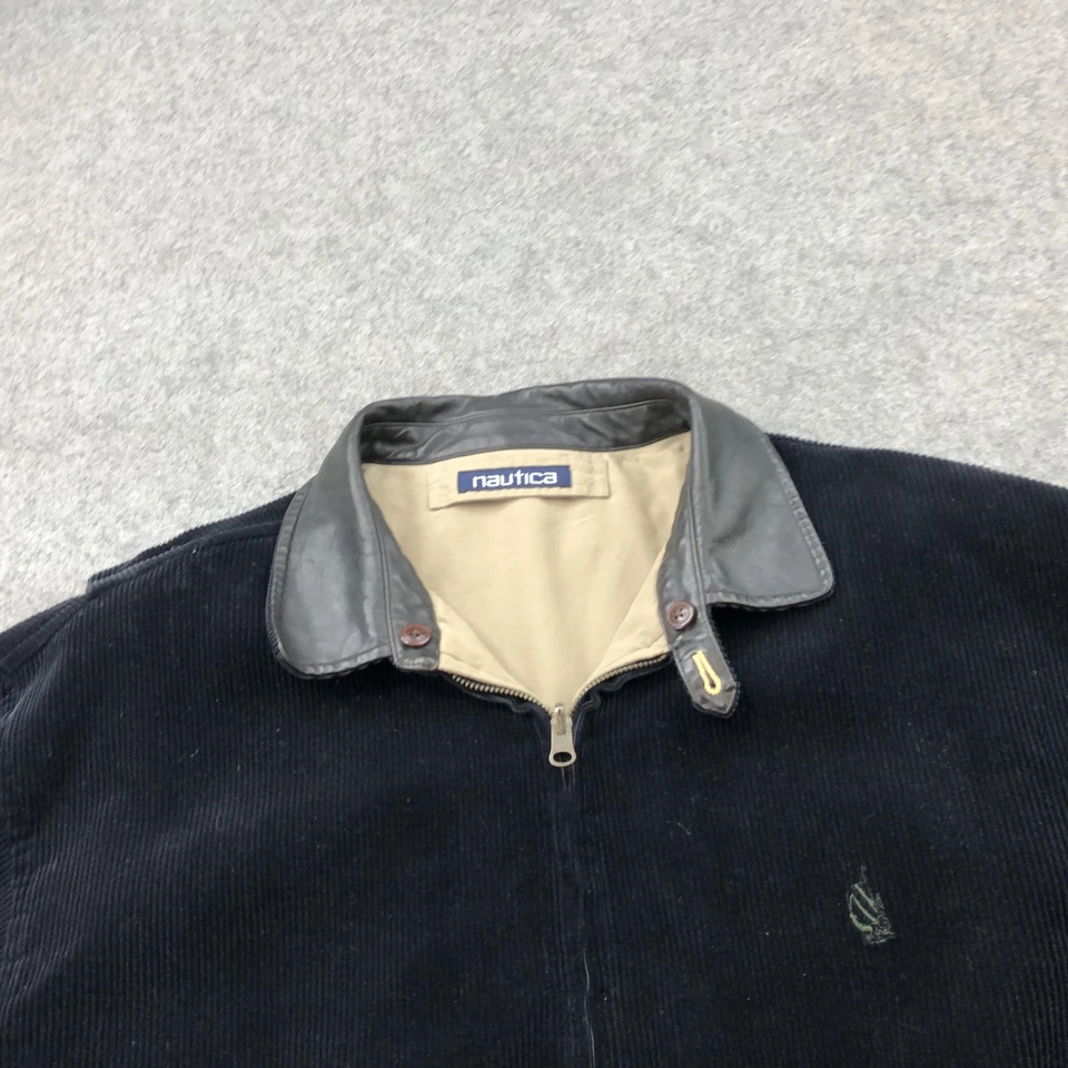 Jaqueta Náutica Masculina Vintage XL Azul Marinho Bronzeado Veludo Reversível Zíper Completo Bombardeiro Anos 90 - Imagem 4 de 4