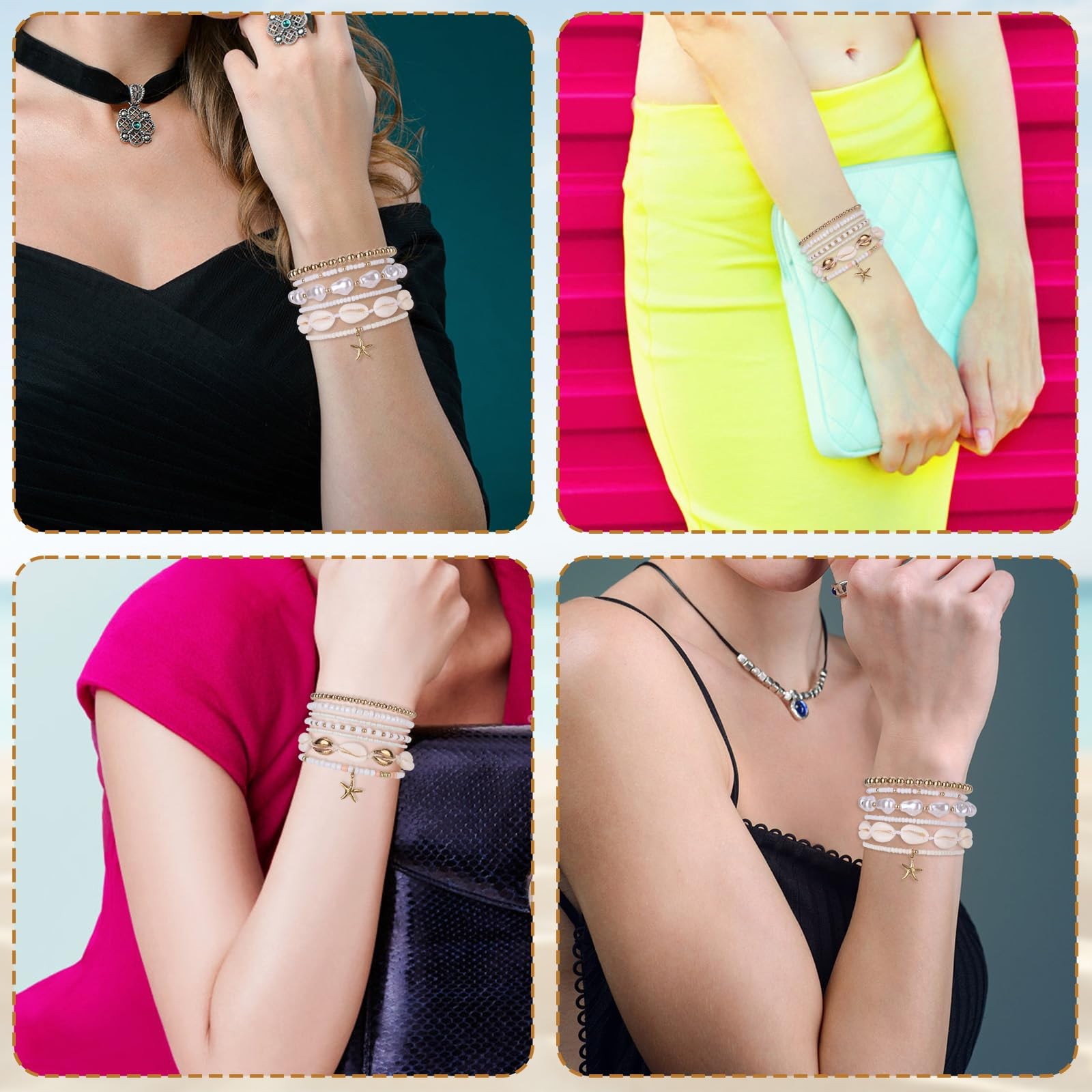 13pcs Summer Beach Beachy Bracelets Set, 2 Styles Stack Stackable Seashell Sea S